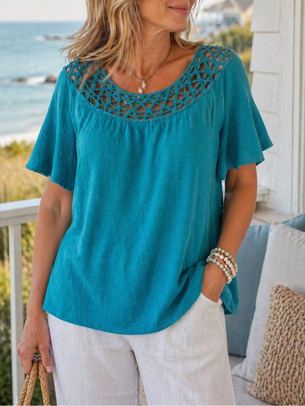 Iyla Teal Crochet Neck Blouse Size 1X Coastal Grandma Boho Preloved